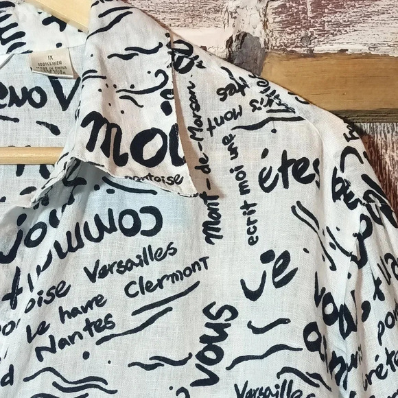 Linen Laura Ashley Woman french print black white button cuffed sleeve 1X - Picture 2 of 12